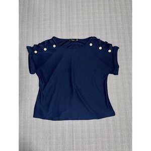 Cure Blouse Womens Large Blue Stretch Round‎ Neck Shoulder Button Outdoor Wear